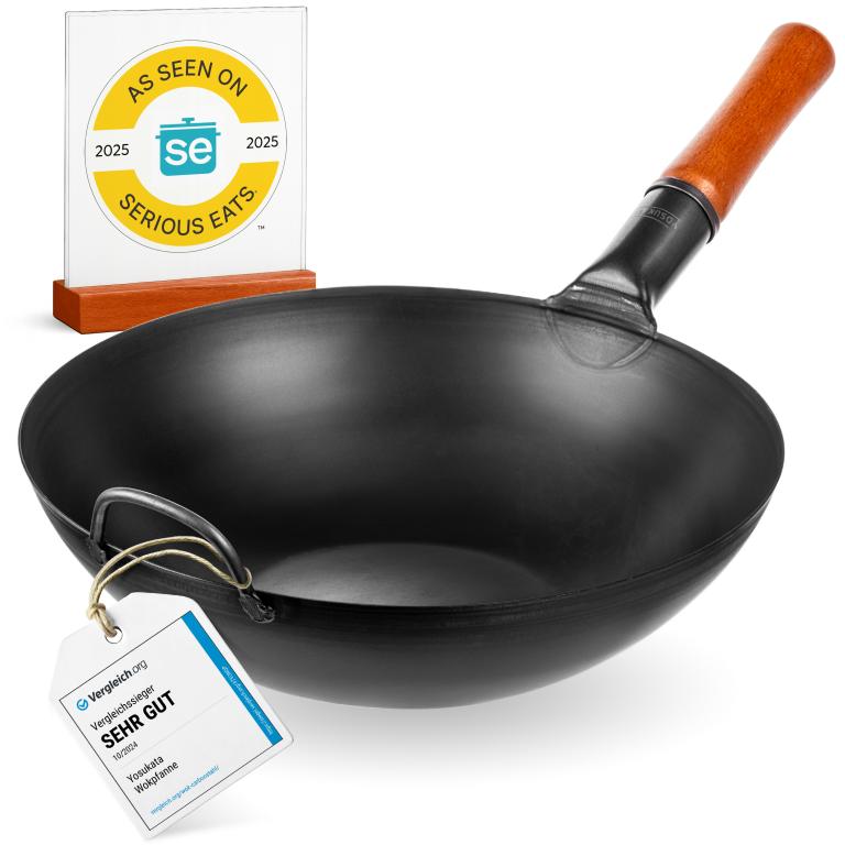 Yosukata 34 cm Wok i svart kolstål (Platt botten, Förvärmda)