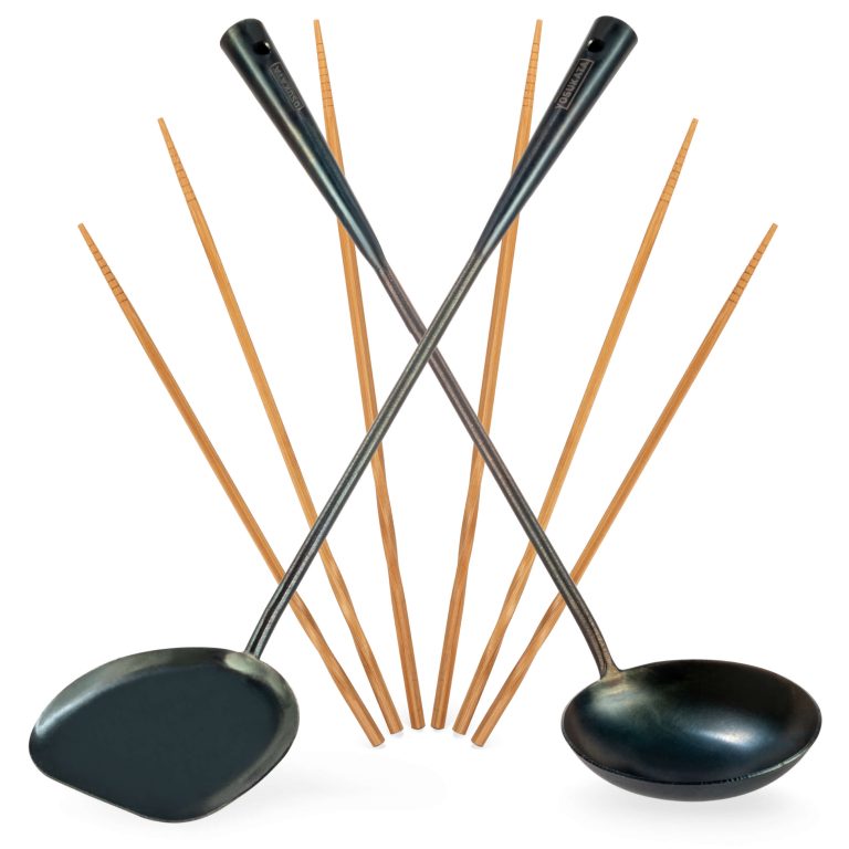 Yosukata 43 cm Köksredskap Set: Wok Spatel, Slev och 3 Par Wok Pinnar i Bambu (Förkryddade) 
