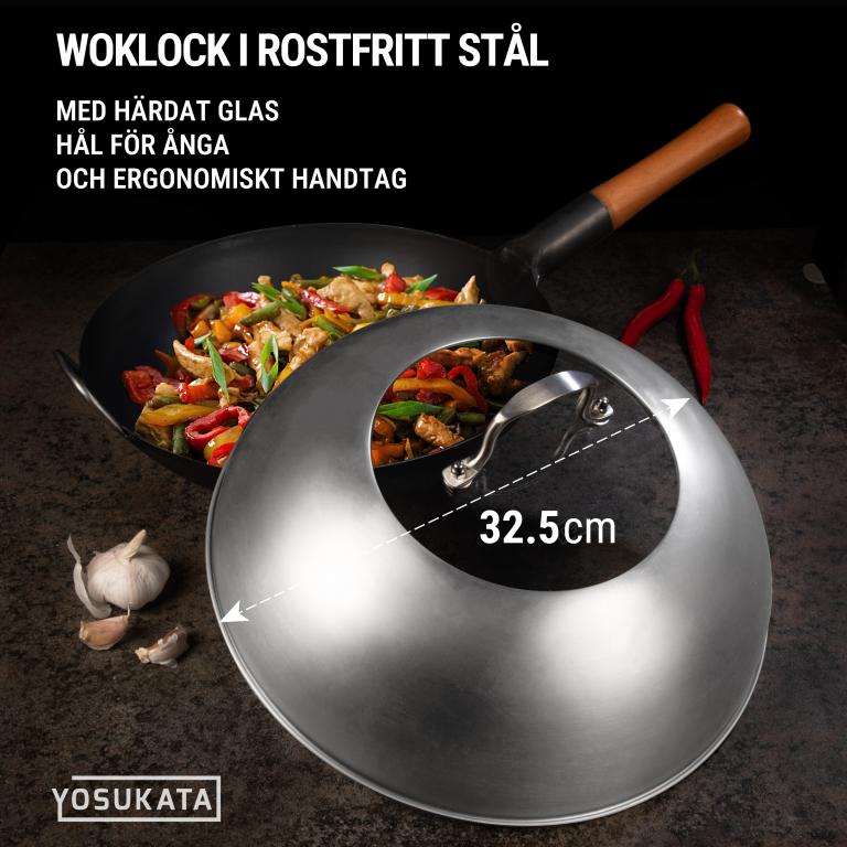 Yosukata 32,5 cm Woklock (rostfritt stål, insats av härdat glas)