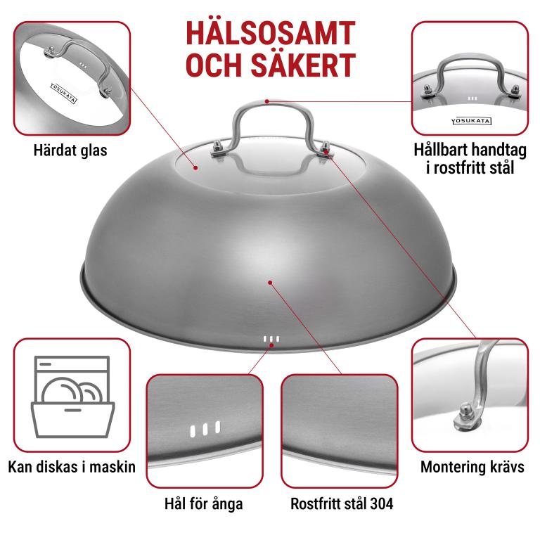 Yosukata 34,5 cm Woklock (rostfritt stål, insats av härdat glas)