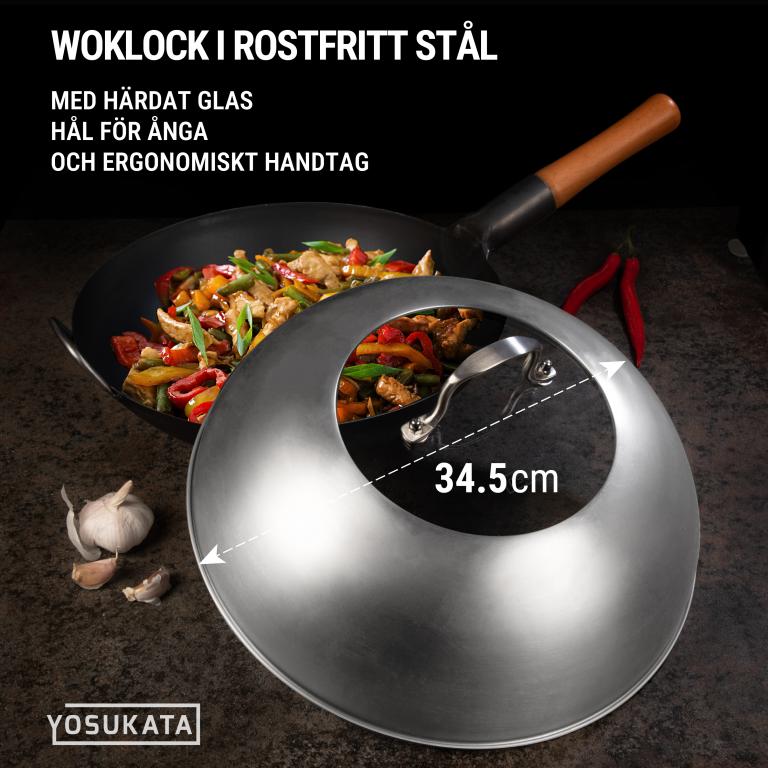 Yosukata 34,5 cm Woklock (rostfritt stål, insats av härdat glas)