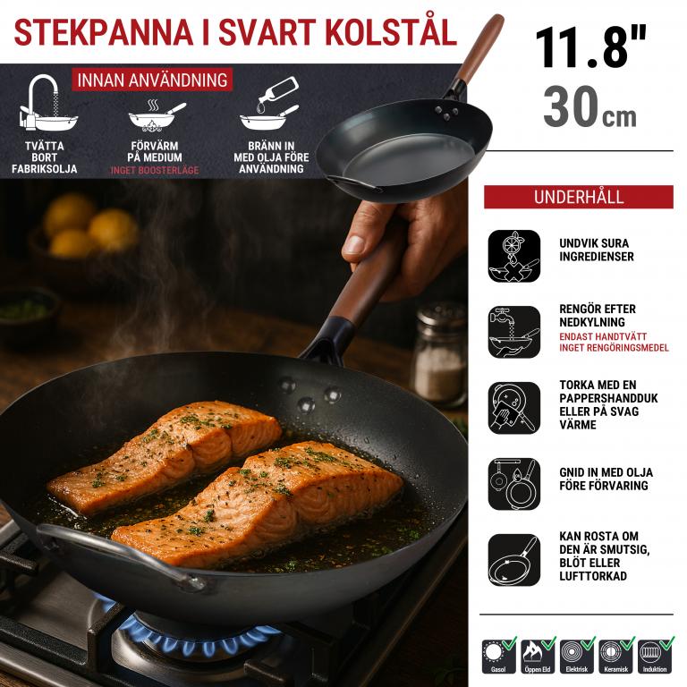 Yosukata 30 cm Stekpanna i svart kolstål (Förvärmd)