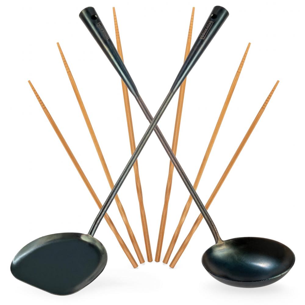 Yosukata 43 cm Köksredskap Set: Wok Spatel, Slev och 3 Par Wok Pinnar i Bambu (Förkryddade)