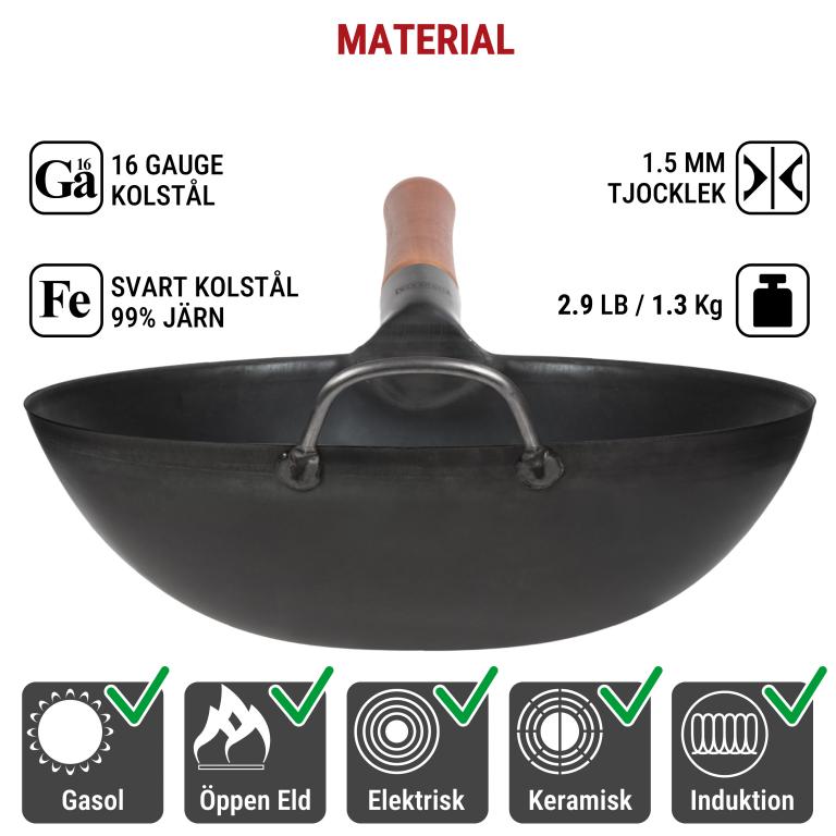 Yosukata 30 cm Wok i svart  kolstål (Platt botten, Förvärmda)