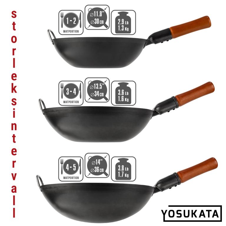 Yosukata 30 cm Wok i svart  kolstål (Platt botten, Förvärmda)