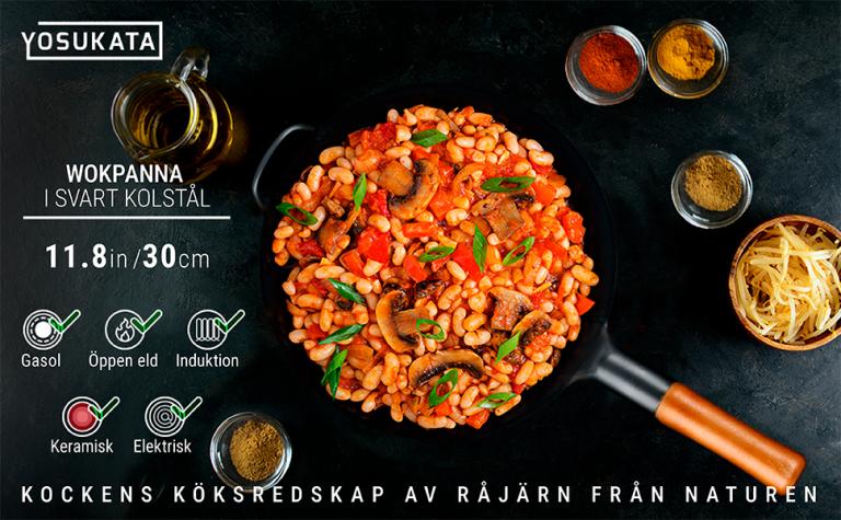 Yosukata 30 cm Wok i svart  kolstål (Platt botten, Förvärmda)