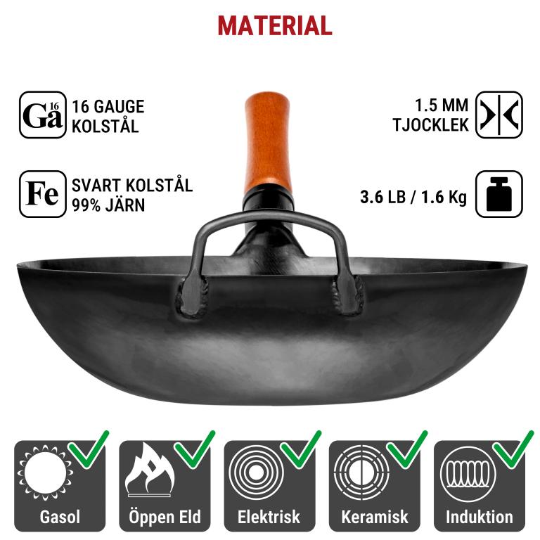 Yosukata 34 cm Wok i svart kolstål (Platt botten, Förvärmda)