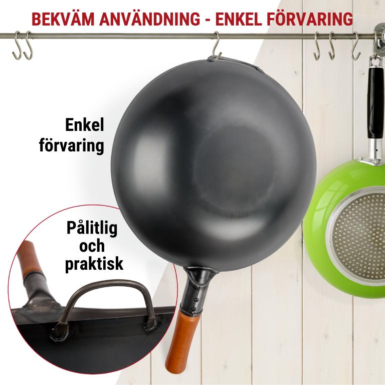 Yosukata 34 cm Wok i svart kolstål (Platt botten, Förvärmda)