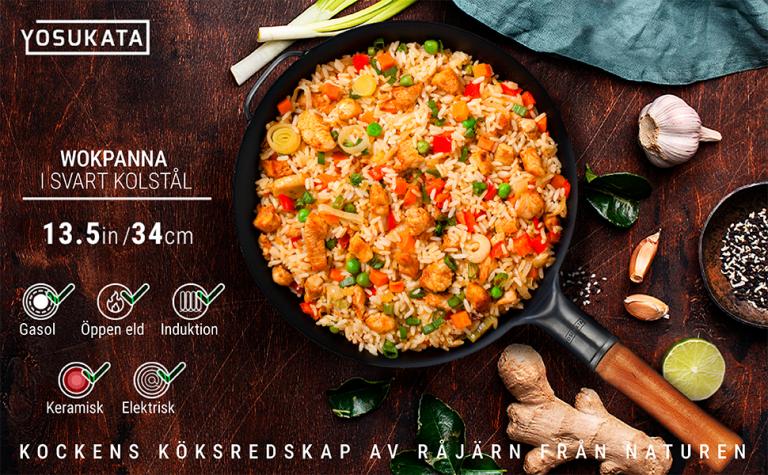 Yosukata 34 cm Wok i svart kolstål (Platt botten, Förvärmda)