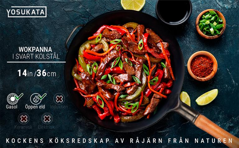 Yosukata 36 cm Wok i svart kolstål (Rund botten, Förvärmda)