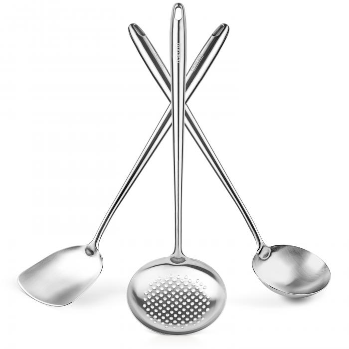 Yosukata 43 cm Köksredskap Set: Wokspatel, Wokslev och Skumsked (rostfritt stål)