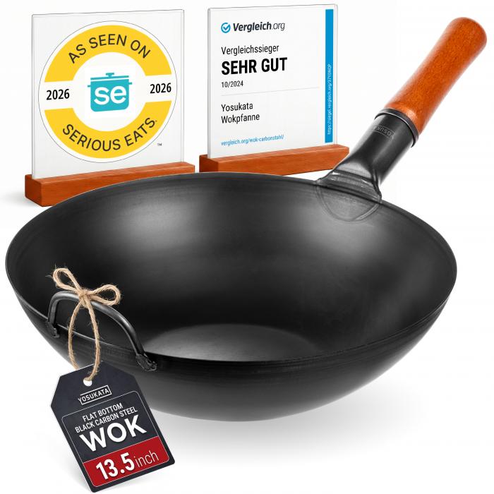 Yosukata 34 cm Wok i svart kolstål (Platt botten, Förvärmda)