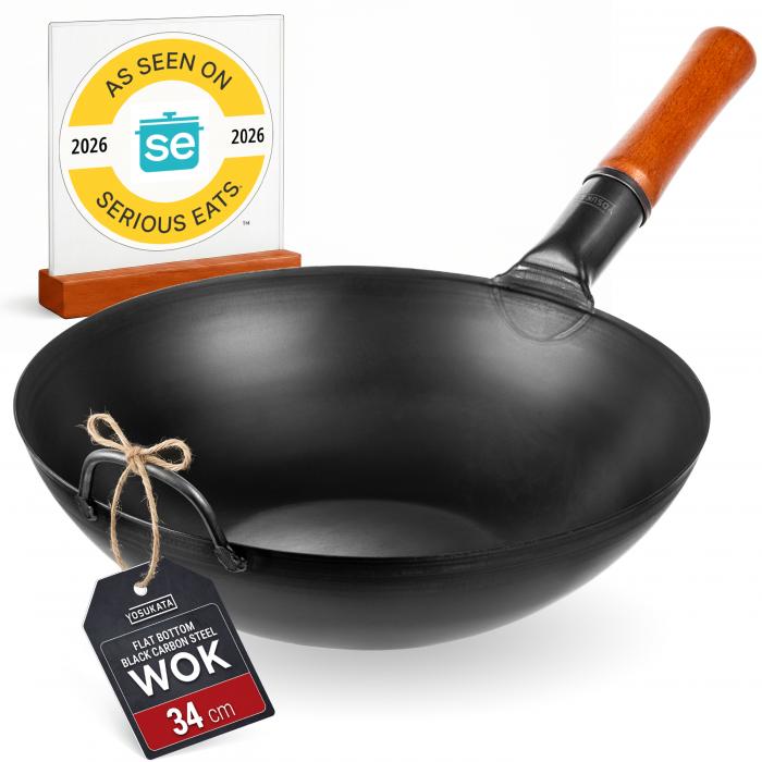 34 cm Wok i svart kolstål (Platt botten, Förvärmda)